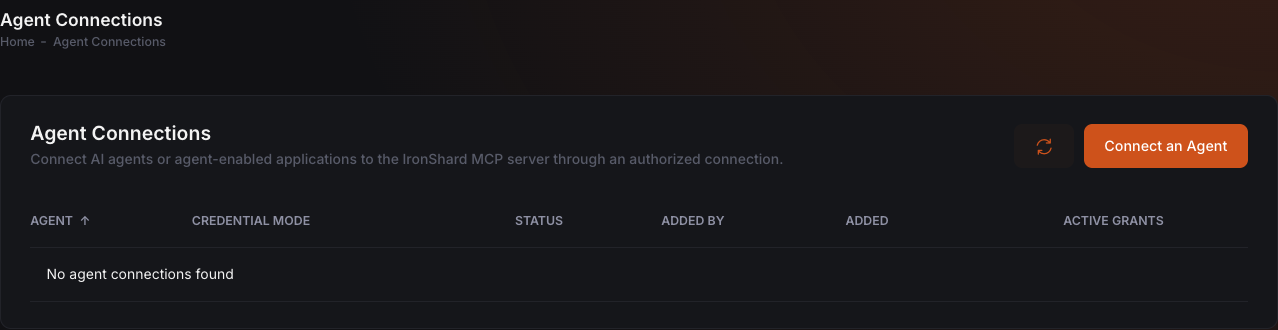 The Agent Connections page in the IronShard console, with no connections yet and a Connect an Agent button