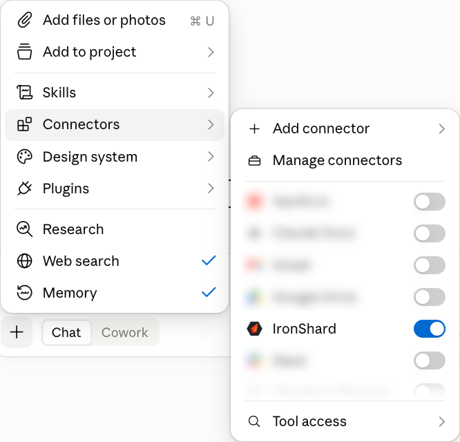 Claude's Connectors menu with the IronShard toggle switched on